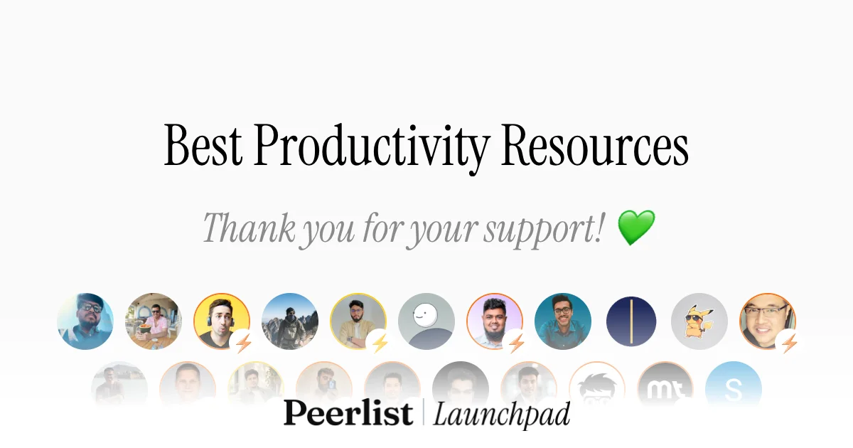 Peerlist Launchpad thank-you card for Best Productivity Resources, showing the people who supported the launch
